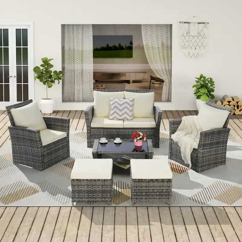 Ensemble de canapé sectionnel 6 pièces en rotin pour terrasse extérieure avec table en verre