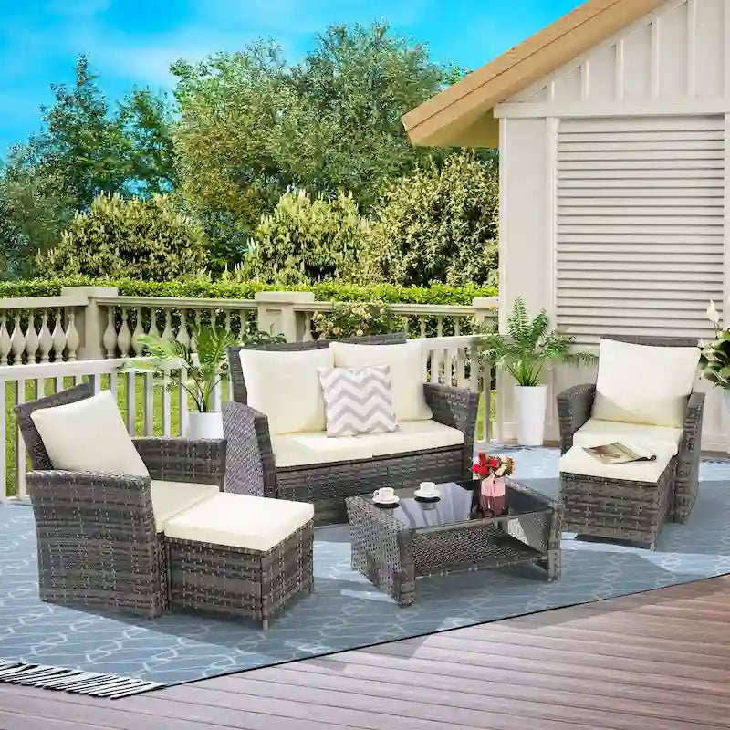 Ensemble de canapé sectionnel 6 pièces en rotin pour terrasse extérieure avec table en verre