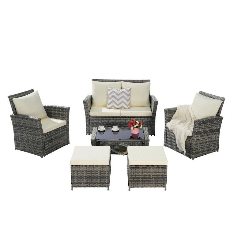 Ensemble de canapé sectionnel 6 pièces en rotin pour terrasse extérieure avec table en verre