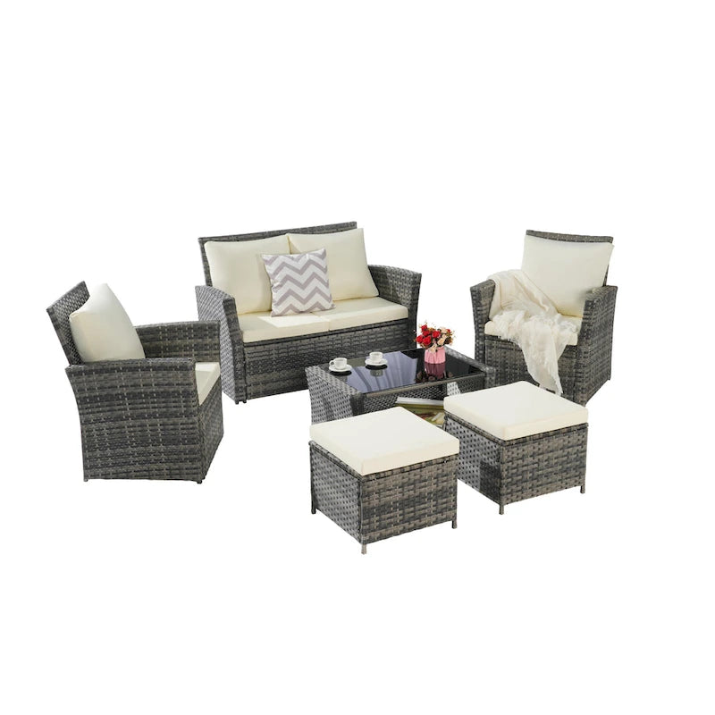 Ensemble de canapé sectionnel 6 pièces en rotin pour terrasse extérieure avec table en verre