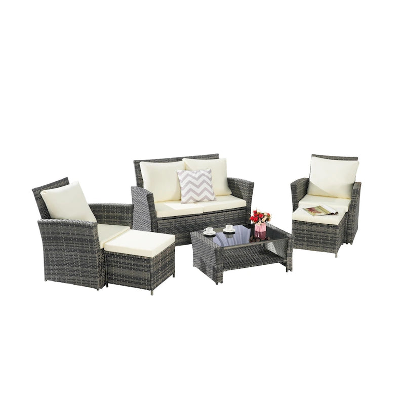 Ensemble de canapé sectionnel 6 pièces en rotin pour terrasse extérieure avec table en verre