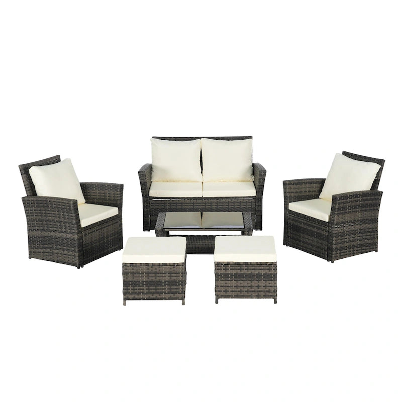 Ensemble de canapé sectionnel 6 pièces en rotin pour terrasse extérieure avec table en verre