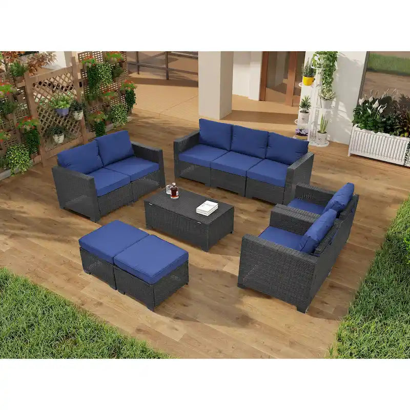 Ensemble de canapé d'angle en rotin 10 pièces avec table de rangement et coussins imperméables