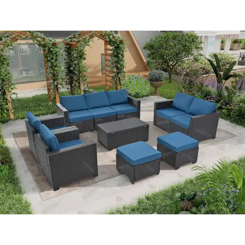 Ensemble de canapé d'angle en rotin 10 pièces avec table de rangement et coussins imperméables