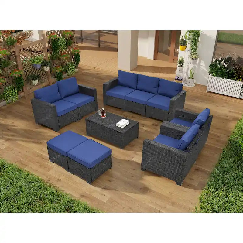 10-Piece Rattan Sectional Sofa Set with Storage Table & Waterproof Cushions