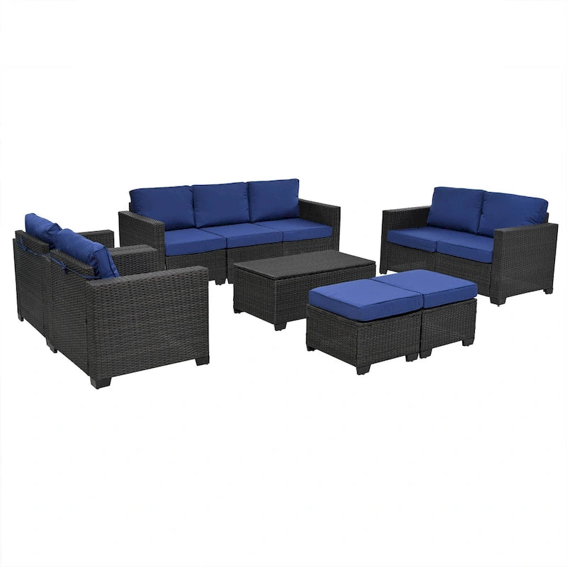Ensemble de canapé d'angle en rotin 10 pièces avec table de rangement et coussins imperméables