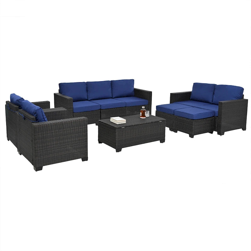 Ensemble de canapé d'angle en rotin 10 pièces avec table de rangement et coussins imperméables