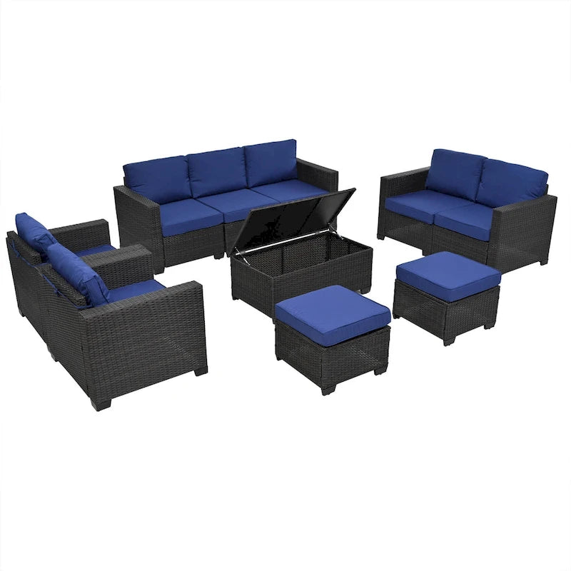 Ensemble de canapé d'angle en rotin 10 pièces avec table de rangement et coussins imperméables