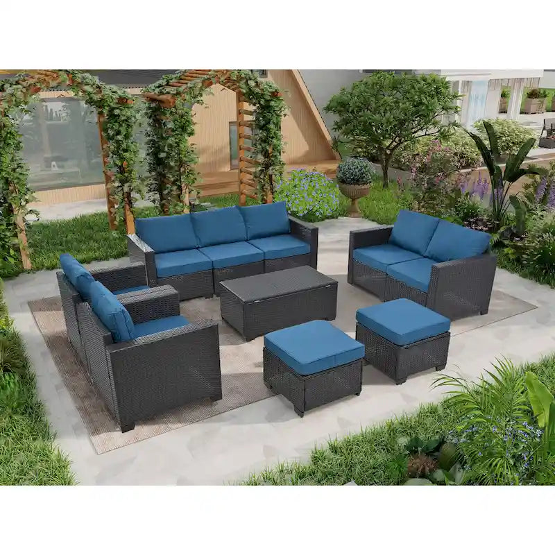 Ensemble de canapé d'angle en rotin 10 pièces avec table de rangement et coussins imperméables