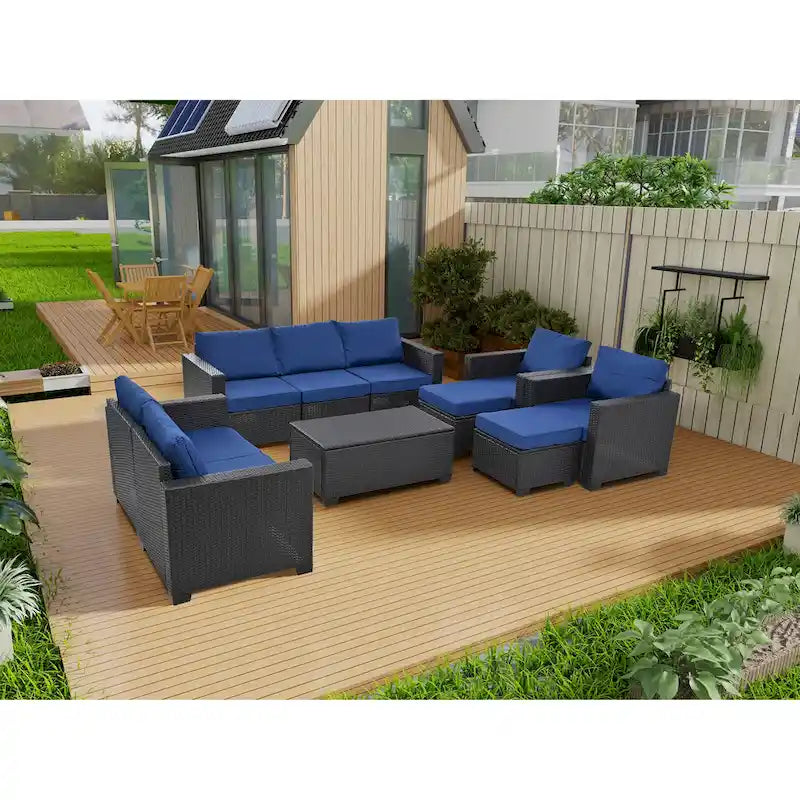 Ensemble de canapé d'angle en rotin 10 pièces avec table de rangement et coussins imperméables
