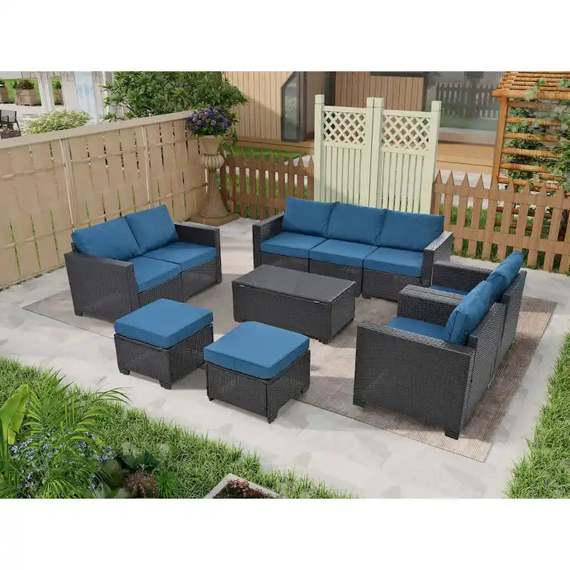 Ensemble de canapé d'angle en rotin 10 pièces avec table de rangement et coussins imperméables