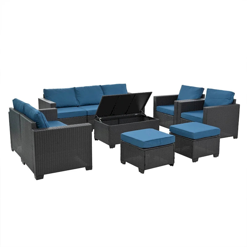 Ensemble de canapé d'angle en rotin 10 pièces avec table de rangement et coussins imperméables