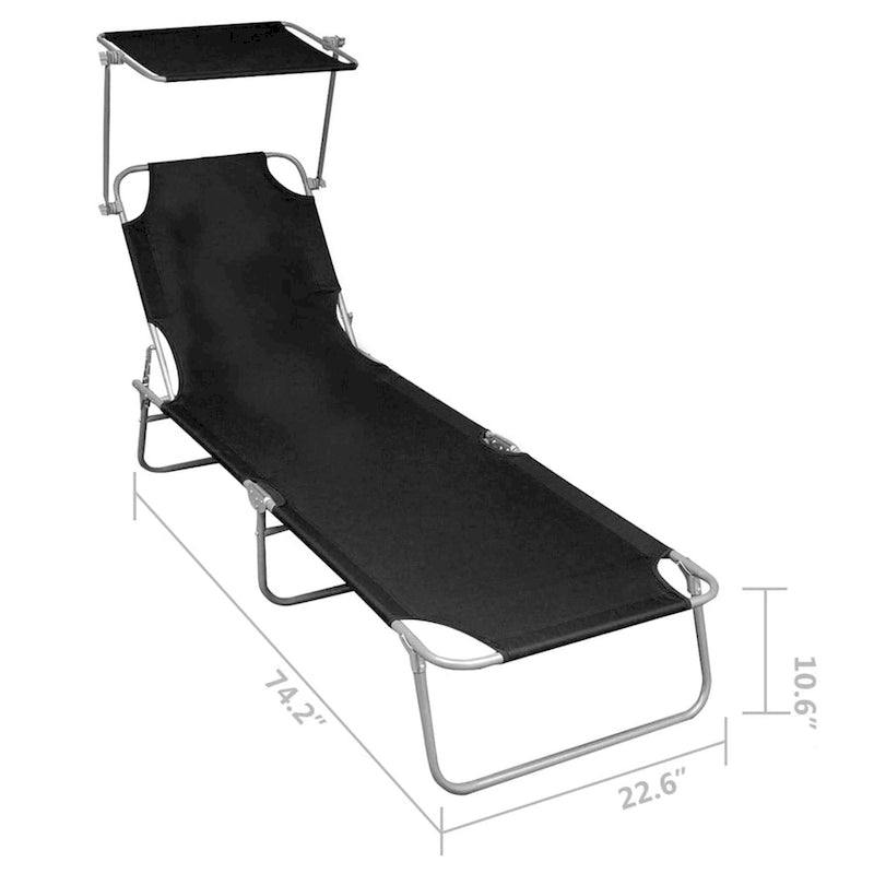 Chaise longue pliante d'extérieur Keli, auvent, polyester noir, 188 cm
