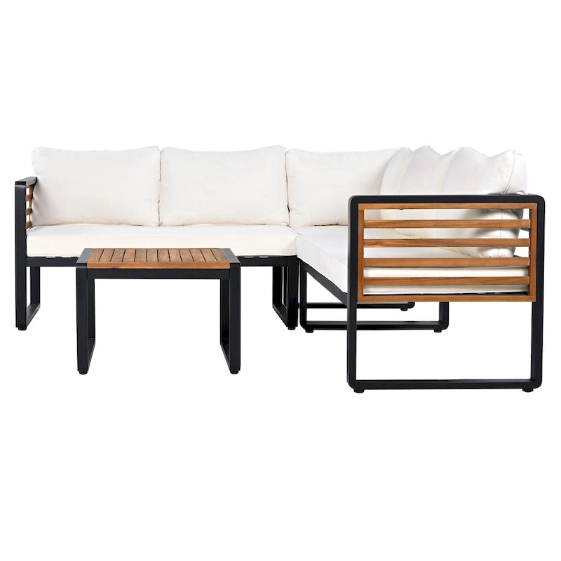 Ensemble de conversation d'extérieur 4 pièces, sectionnel d'angle avec cadre en métal et bois, coussins moelleux et table basse