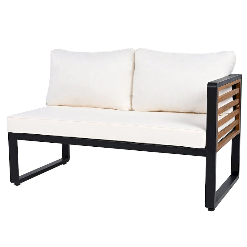 Ensemble de conversation d'extérieur 4 pièces, sectionnel d'angle avec cadre en métal et bois, coussins moelleux et table basse