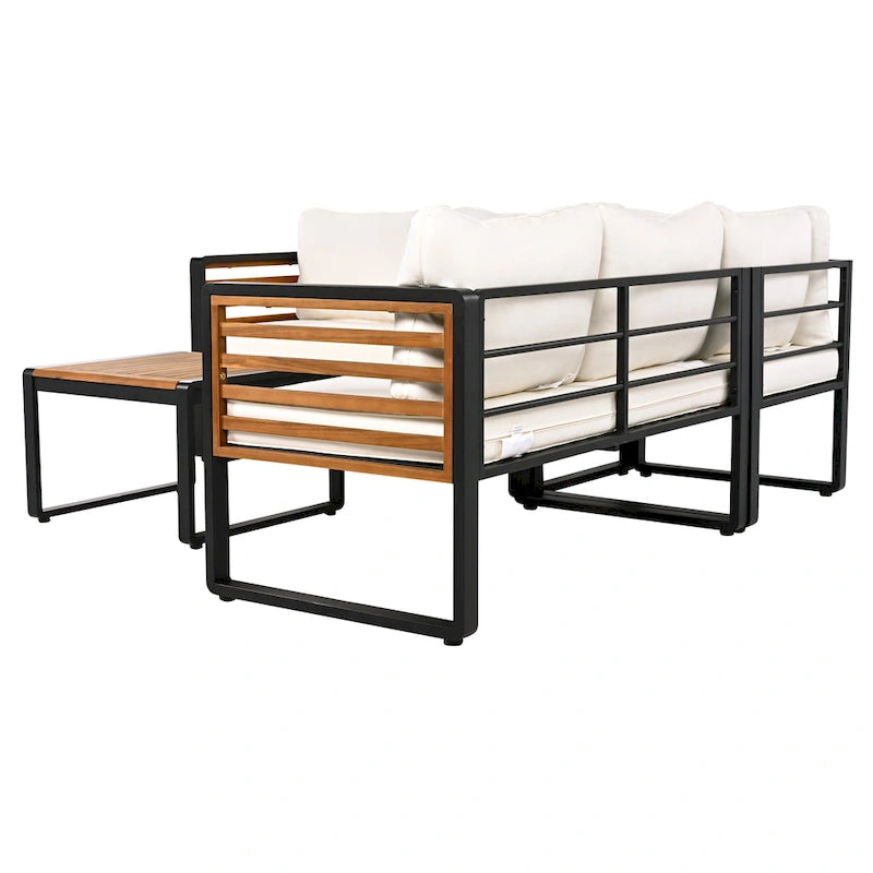 Ensemble de conversation d'extérieur 4 pièces, sectionnel d'angle avec cadre en métal et bois, coussins moelleux et table basse