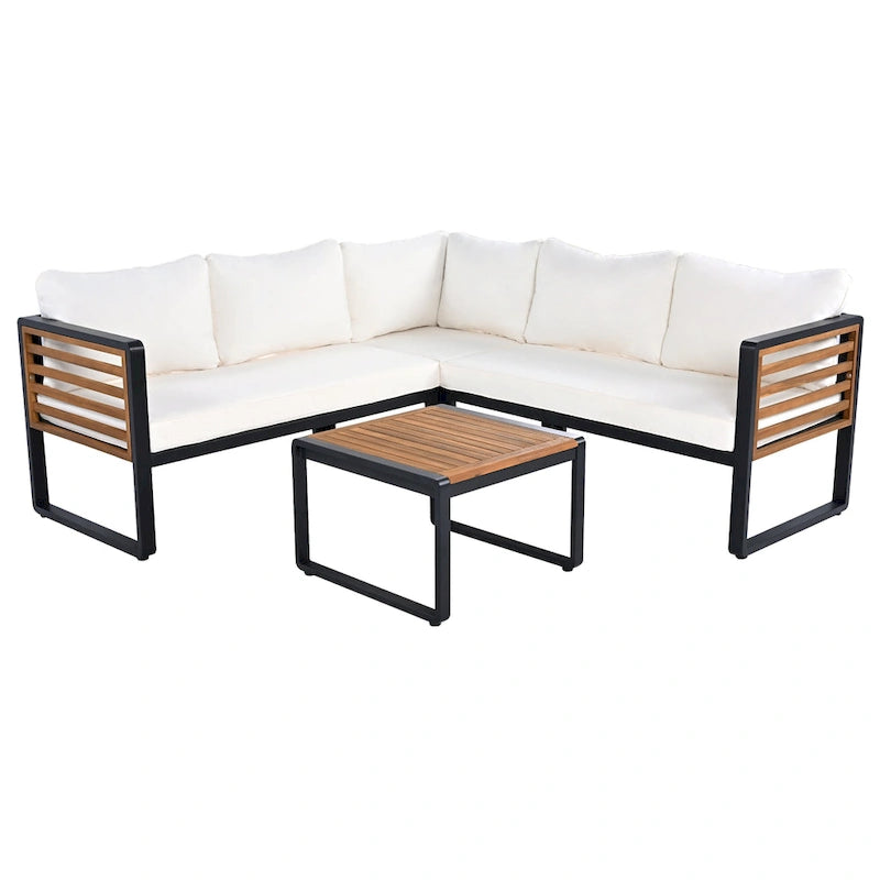 Ensemble de conversation d'extérieur 4 pièces, sectionnel d'angle avec cadre en métal et bois, coussins moelleux et table basse