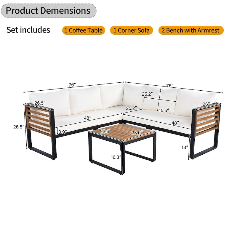Ensemble de conversation d'extérieur 4 pièces, sectionnel d'angle avec cadre en métal et bois, coussins moelleux et table basse