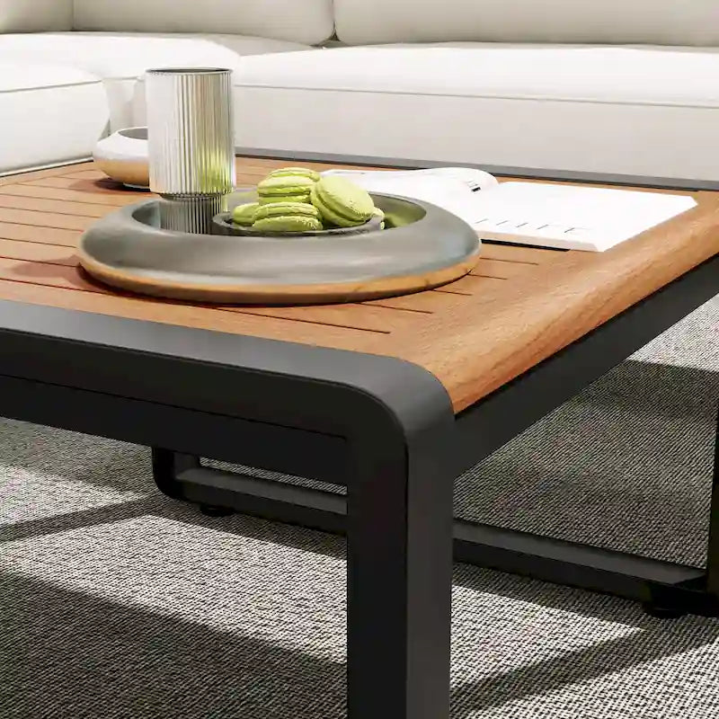 Ensemble de conversation d'extérieur 4 pièces, sectionnel d'angle avec cadre en métal et bois, coussins moelleux et table basse