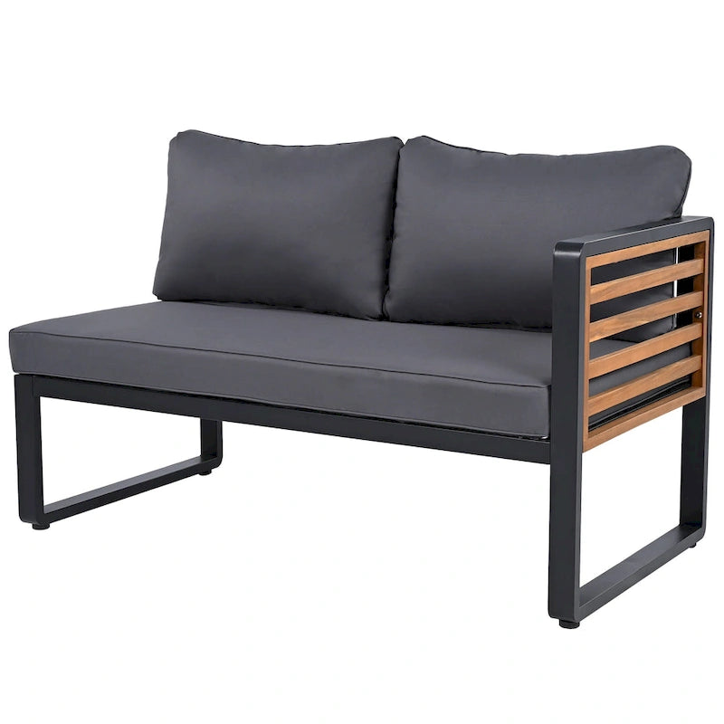 Ensemble de conversation d'extérieur 4 pièces, sectionnel d'angle avec cadre en métal et bois, coussins moelleux et table basse