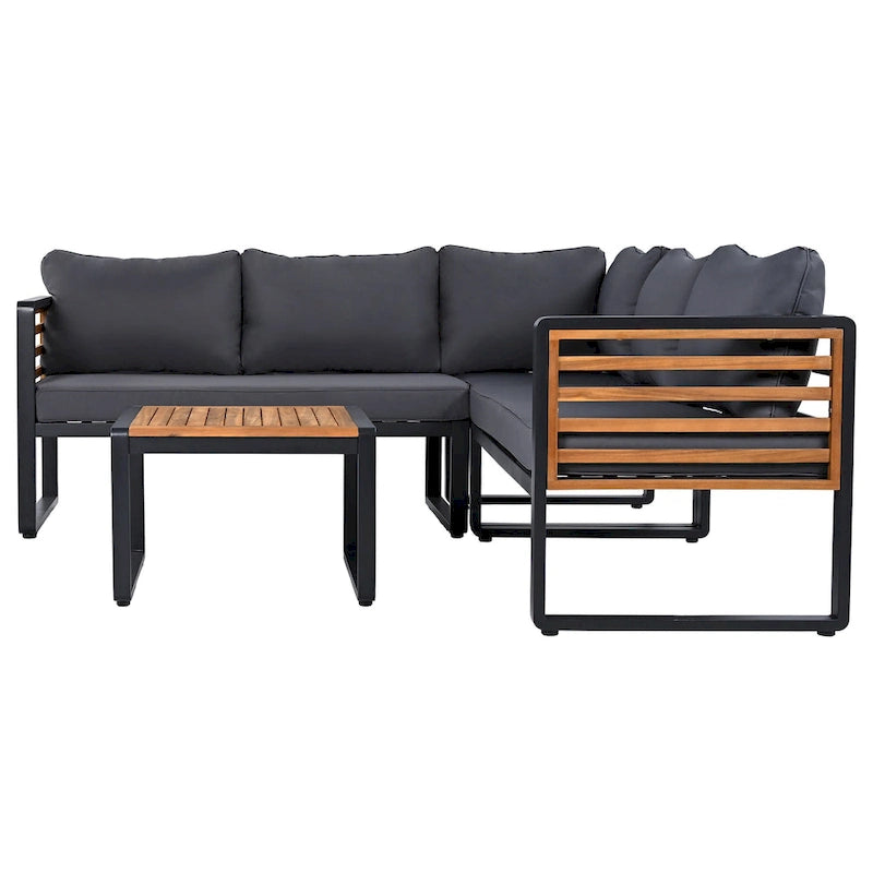 Ensemble de conversation d'extérieur 4 pièces, sectionnel d'angle avec cadre en métal et bois, coussins moelleux et table basse