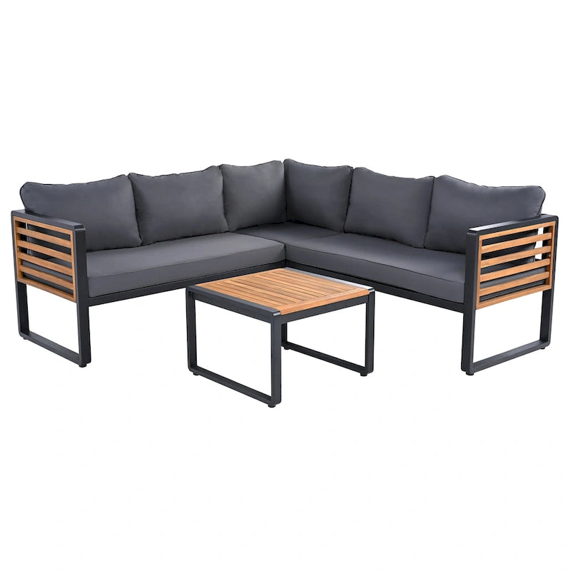 Ensemble de conversation d'extérieur 4 pièces, sectionnel d'angle avec cadre en métal et bois, coussins moelleux et table basse
