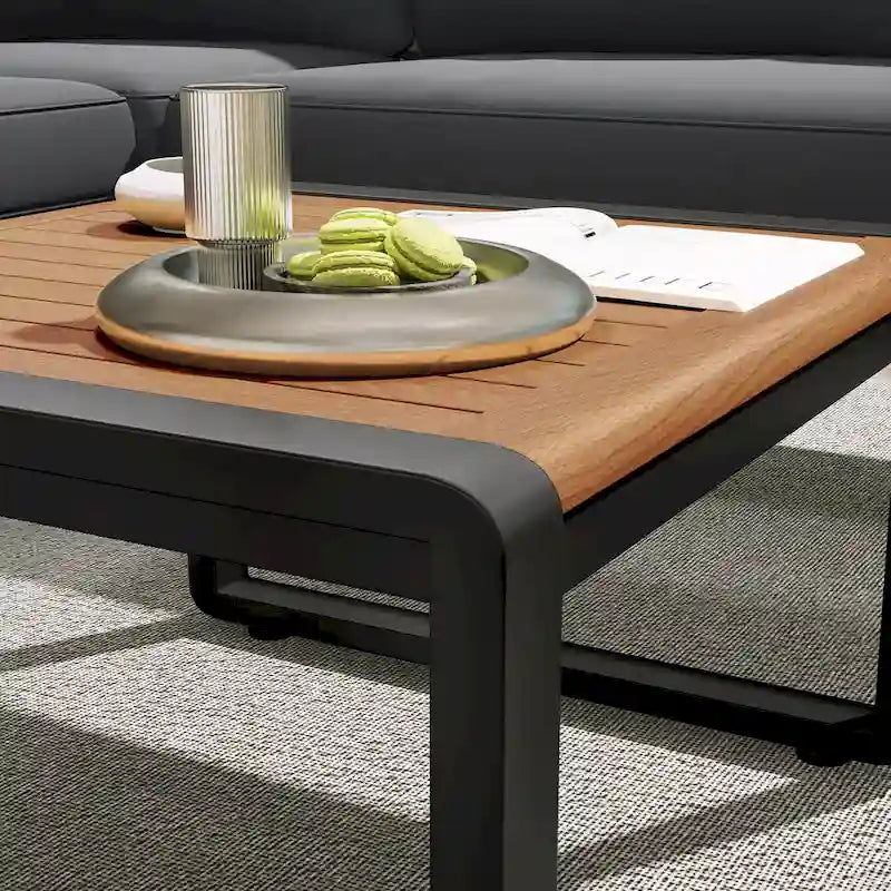 Ensemble de conversation d'extérieur 4 pièces, sectionnel d'angle avec cadre en métal et bois, coussins moelleux et table basse
