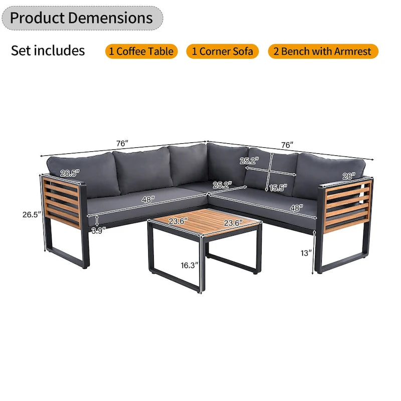Ensemble de conversation d'extérieur 4 pièces, sectionnel d'angle avec cadre en métal et bois, coussins moelleux et table basse