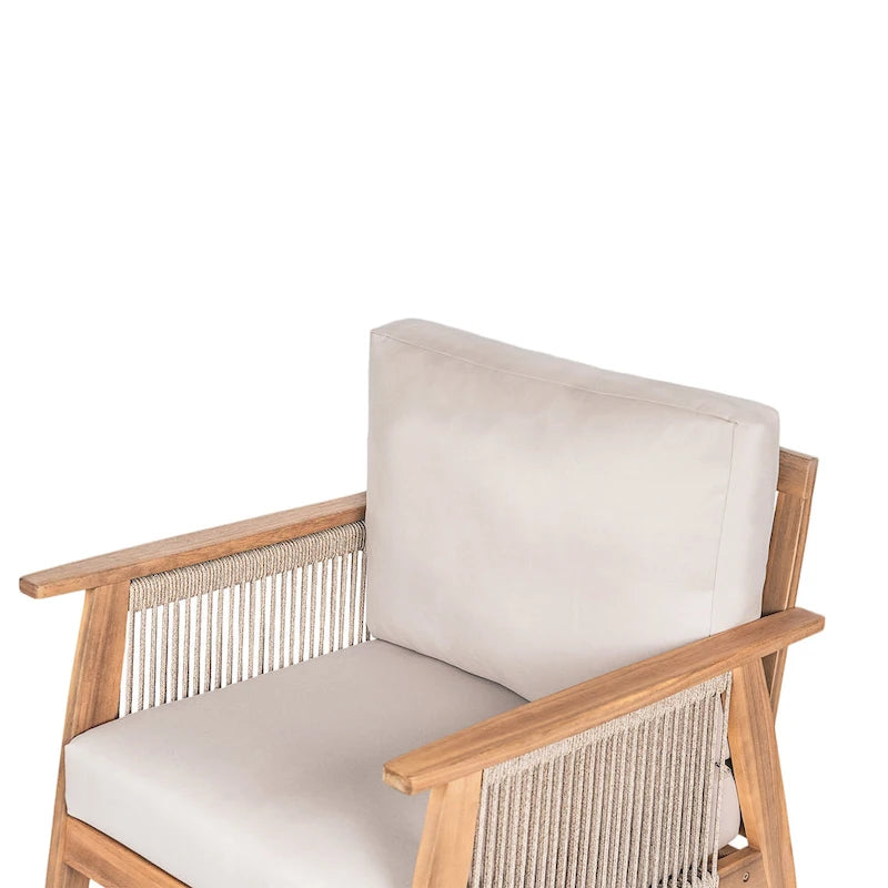 Chaise de patio en bois d'acacia et corde avec coussins (individuelle)