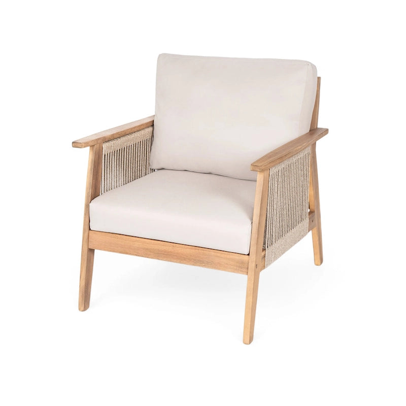 Chaise de patio en bois d'acacia et corde avec coussins (individuelle)