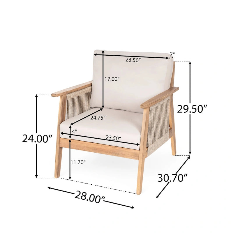 Chaise de patio en bois d'acacia et corde avec coussins (individuelle)