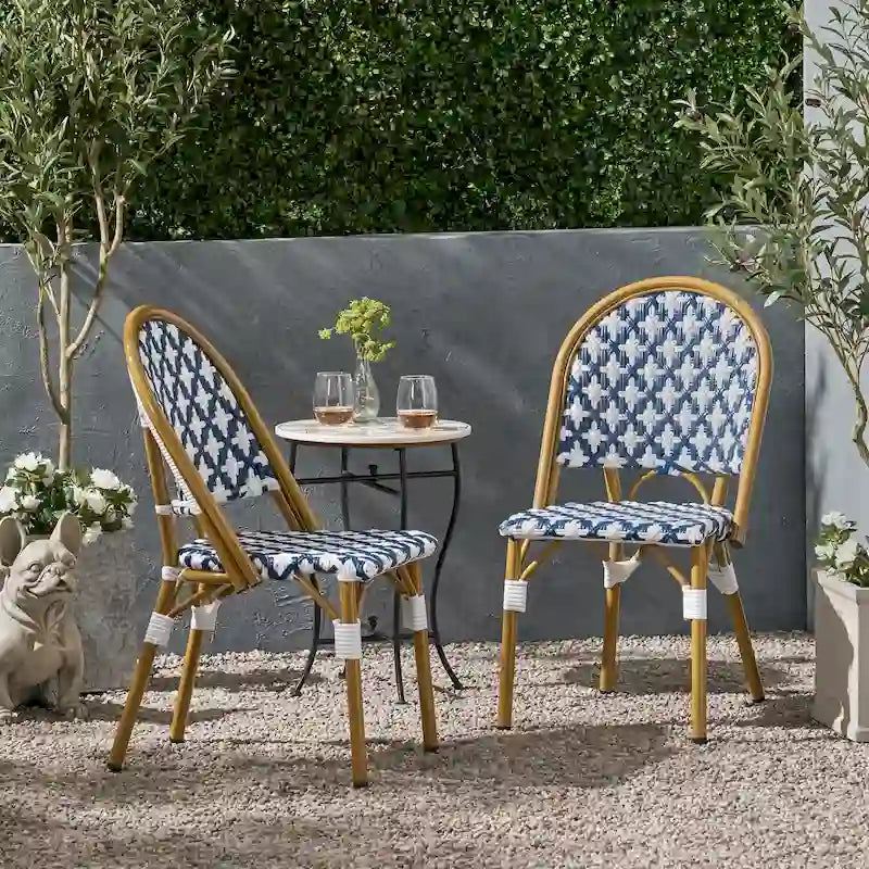 Chaise de Bistrot Française Blanc Bleu Marine Aluminium Rotin PE Mobilier d'Extérieur pour Café Terrasse 89cm de Haut