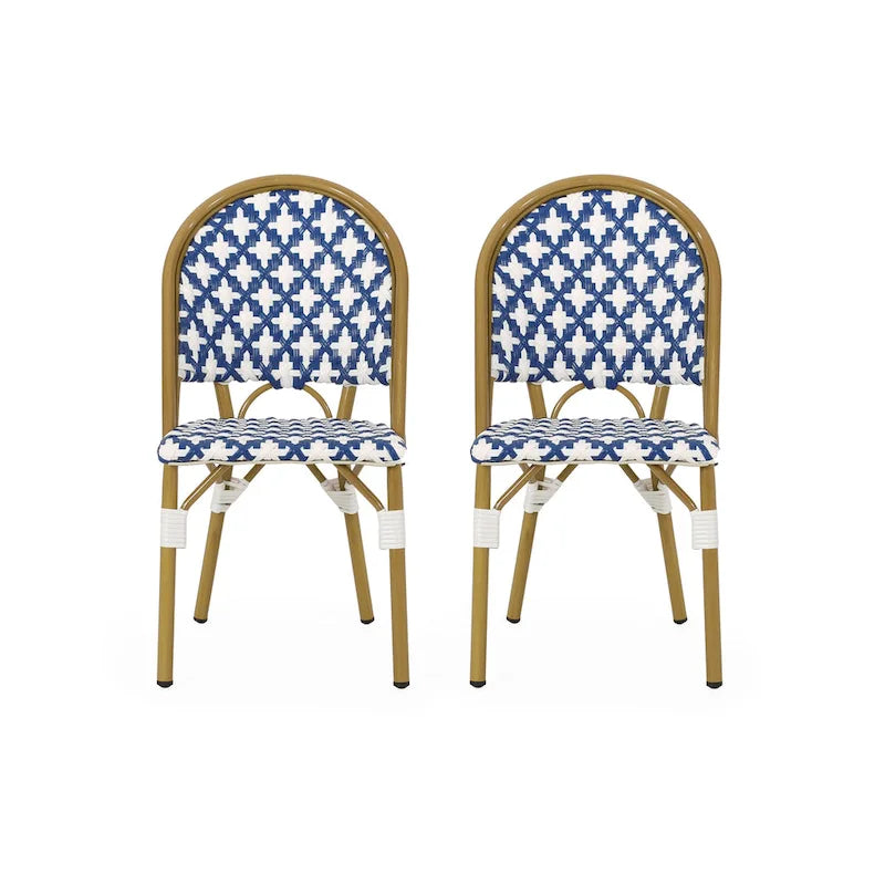 Chaise de Bistrot Française Blanc Bleu Marine Aluminium Rotin PE Mobilier d'Extérieur pour Café Terrasse 89cm de Haut
