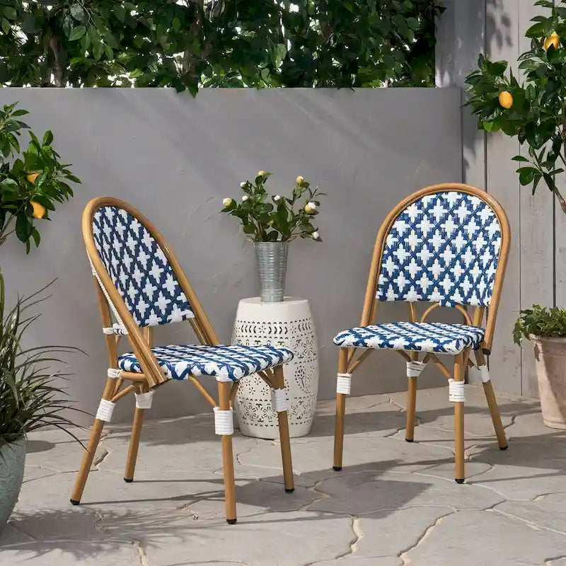 Chaise de Bistrot Française Blanc Bleu Marine Aluminium Rotin PE Mobilier d'Extérieur pour Café Terrasse 89cm de Haut