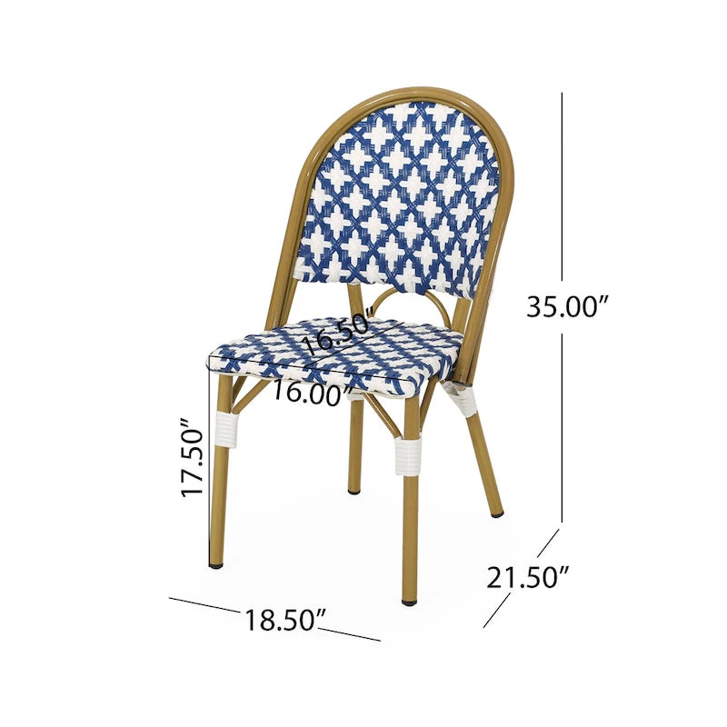 Chaise de Bistrot Française Blanc Bleu Marine Aluminium Rotin PE Mobilier d'Extérieur pour Café Terrasse 89cm de Haut