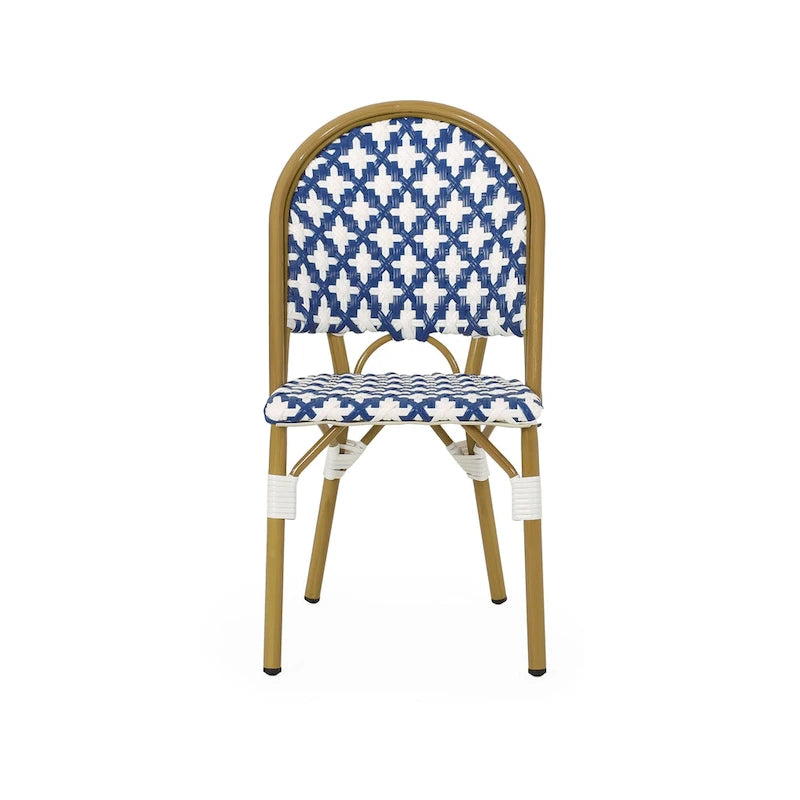 Chaise de Bistrot Française Blanc Bleu Marine Aluminium Rotin PE Mobilier d'Extérieur pour Café Terrasse 89cm de Haut