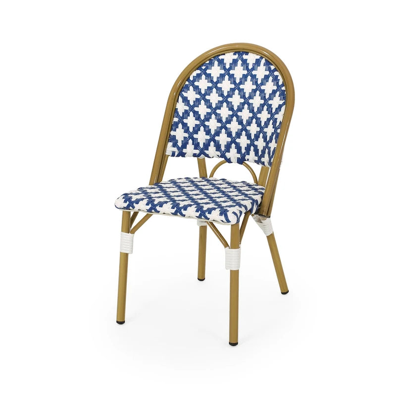 Chaise de Bistrot Française Blanc Bleu Marine Aluminium Rotin PE Mobilier d'Extérieur pour Café Terrasse 89cm de Haut