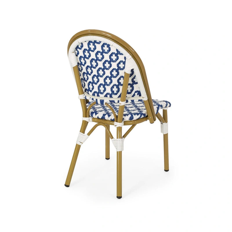 Chaise de Bistrot Française Blanc Bleu Marine Aluminium Rotin PE Mobilier d'Extérieur pour Café Terrasse 89cm de Haut