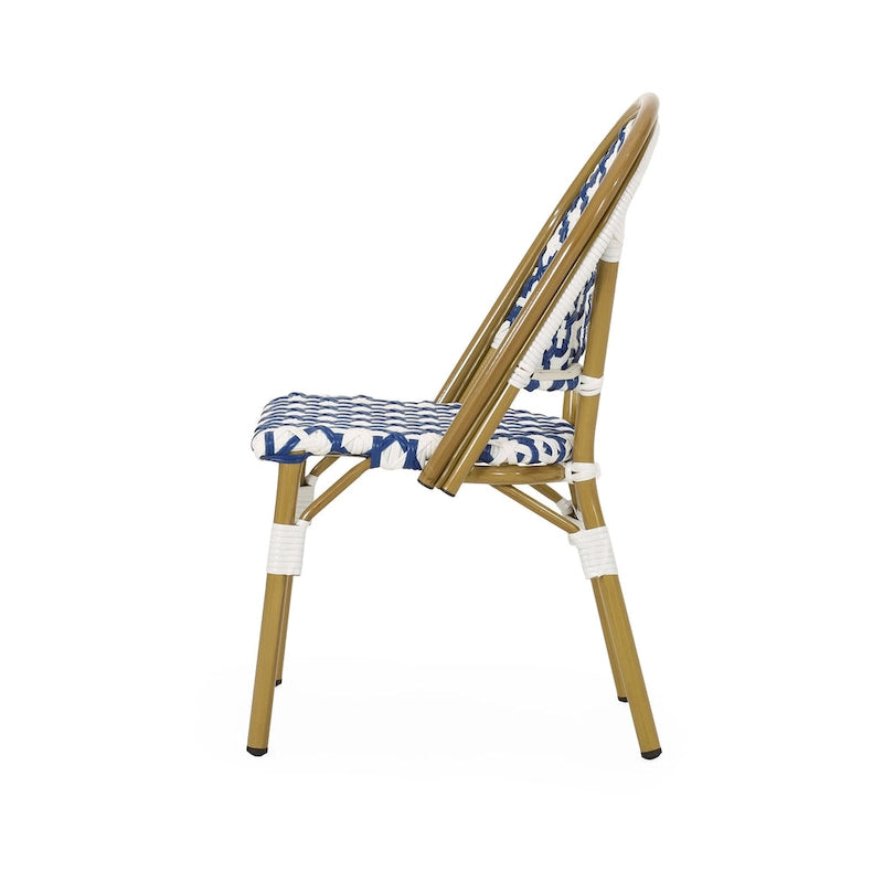 Chaise de Bistrot Française Blanc Bleu Marine Aluminium Rotin PE Mobilier d'Extérieur pour Café Terrasse 89cm de Haut