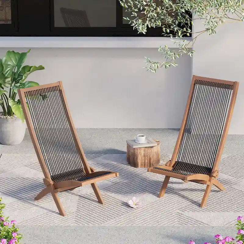 EROMMY Lot de 2 chaises pliantes en bois d'acacia – Chaises de terrasse standard et en corde pour jardin, camping, balcon