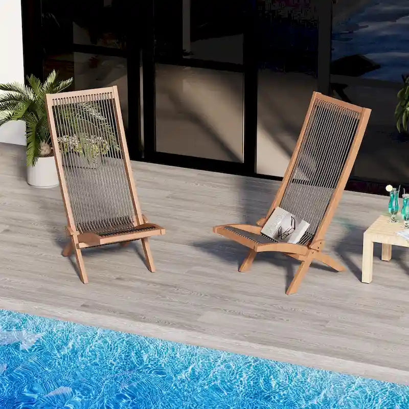 EROMMY Lot de 2 chaises pliantes en bois d'acacia – Chaises de terrasse standard et en corde pour jardin, camping, balcon