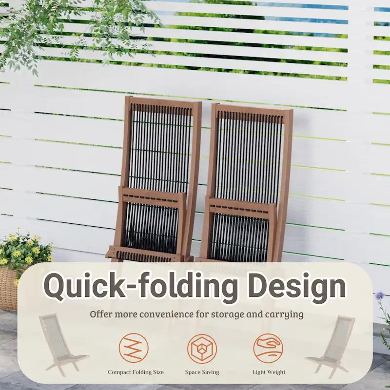 EROMMY Lot de 2 chaises pliantes en bois d'acacia – Chaises de terrasse standard et en corde pour jardin, camping, balcon