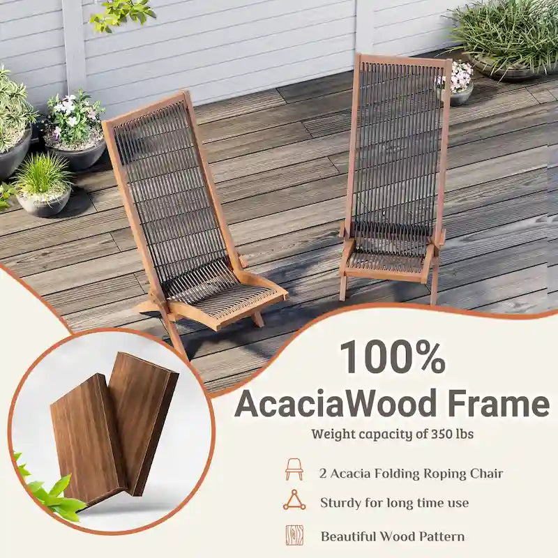 EROMMY Lot de 2 chaises pliantes en bois d'acacia – Chaises de terrasse standard et en corde pour jardin, camping, balcon