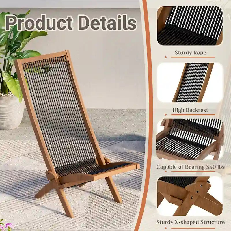 EROMMY Lot de 2 chaises pliantes en bois d'acacia – Chaises de terrasse standard et en corde pour jardin, camping, balcon