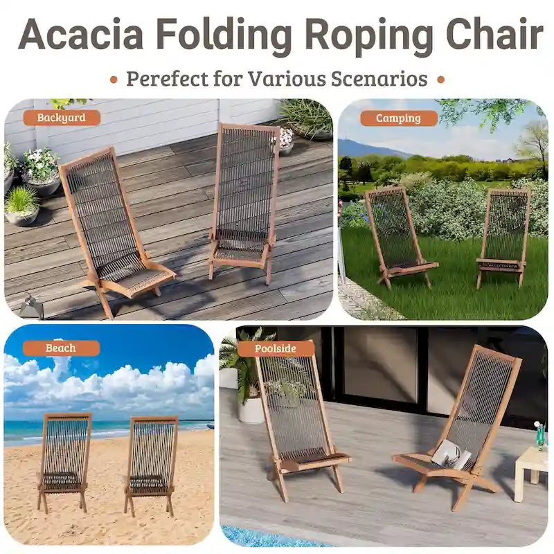 EROMMY Lot de 2 chaises pliantes en bois d'acacia – Chaises de terrasse standard et en corde pour jardin, camping, balcon
