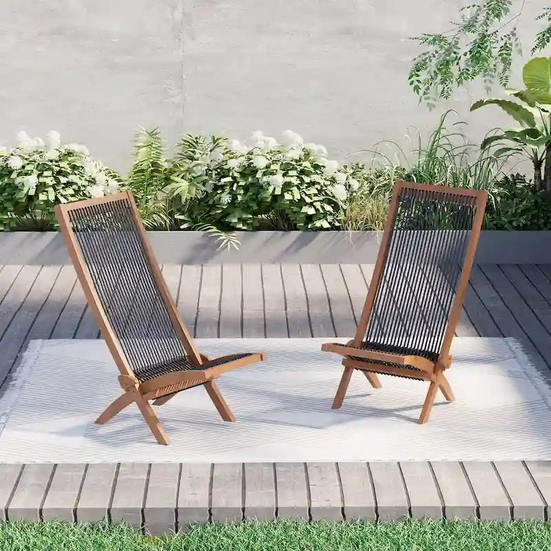 EROMMY Lot de 2 chaises pliantes en bois d'acacia – Chaises de terrasse standard et en corde pour jardin, camping, balcon