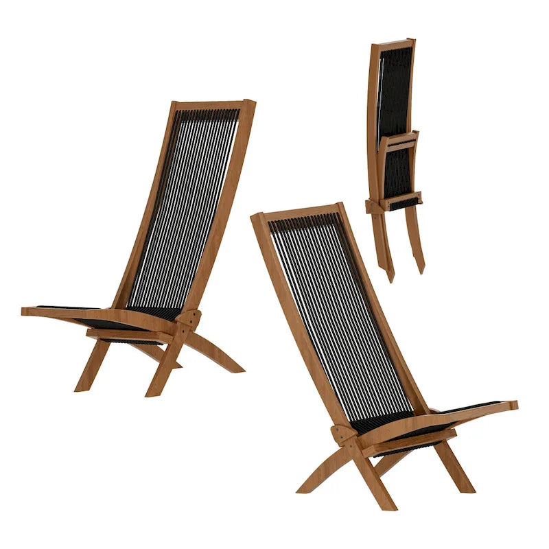 EROMMY Lot de 2 chaises pliantes en bois d'acacia – Chaises de terrasse standard et en corde pour jardin, camping, balcon
