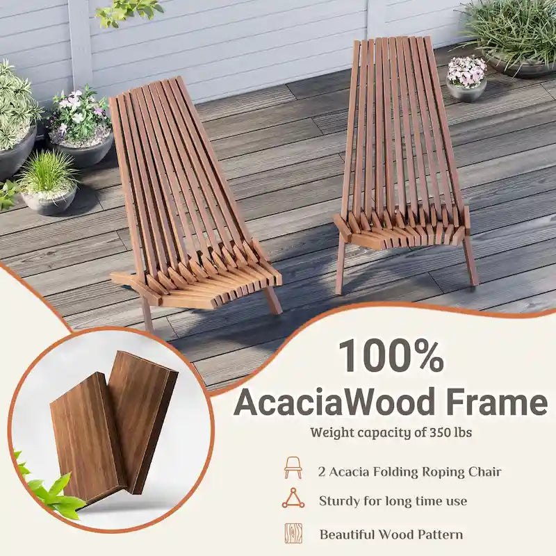 EROMMY Lot de 2 chaises pliantes en bois d'acacia – Chaises de terrasse standard et en corde pour jardin, camping, balcon