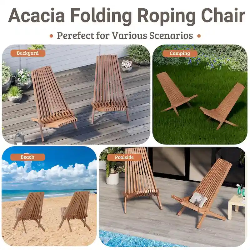 EROMMY Lot de 2 chaises pliantes en bois d'acacia – Chaises de terrasse standard et en corde pour jardin, camping, balcon