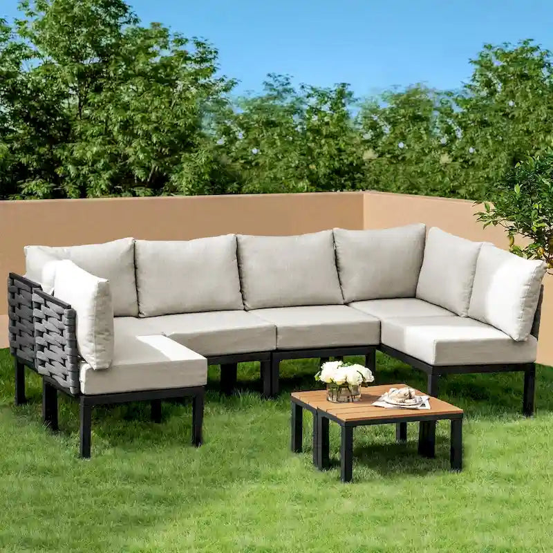 Outdoor Patio Furniture w/ 6 Thick Cushion, U-Shaped Sofa Set, Sectional Conversation Modular Couch for Garden